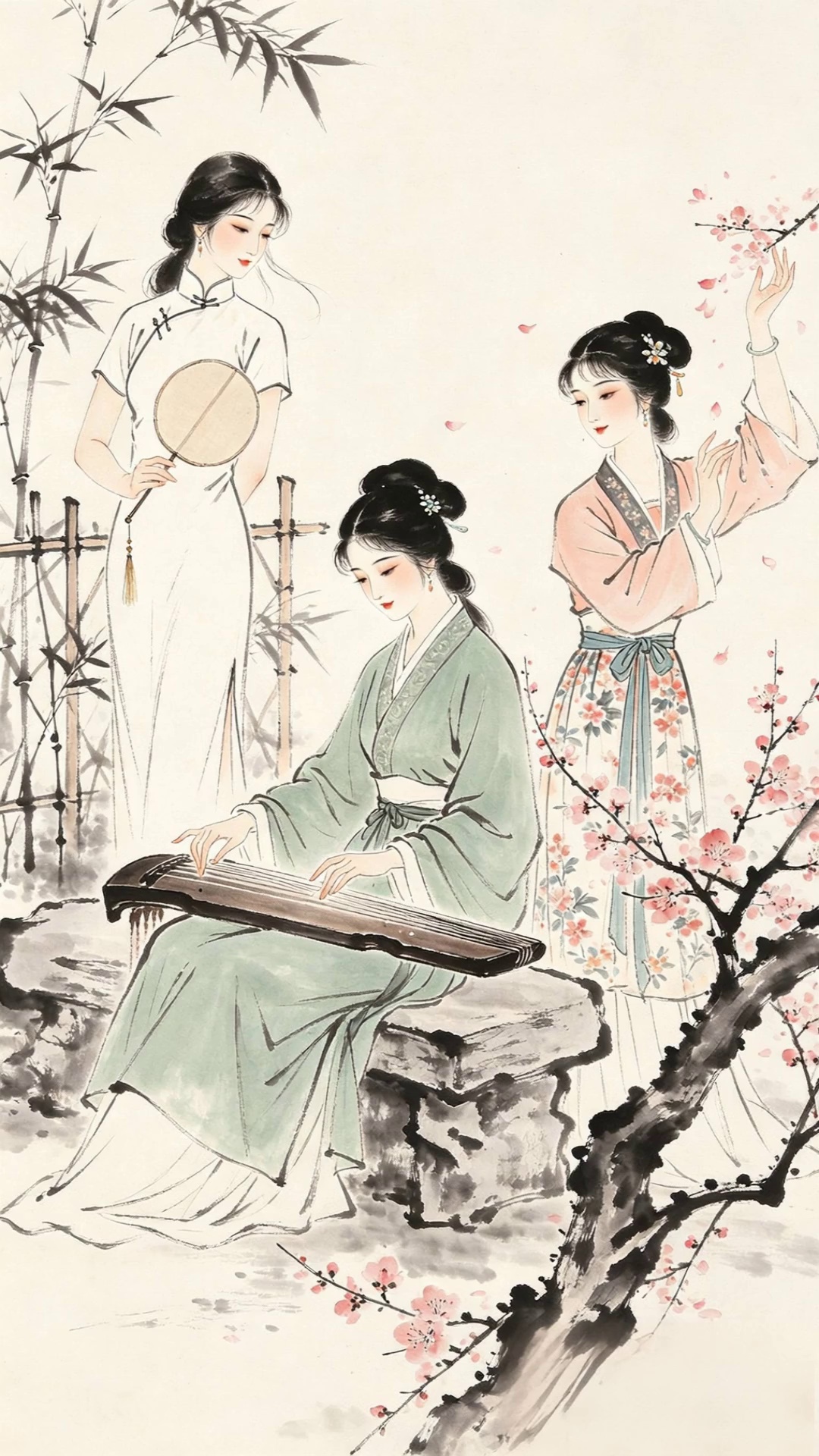 Three court ladies in ink — source first frame